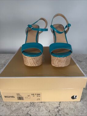 Michael Kors Teal Platform Sandals with Woven Rope Heel